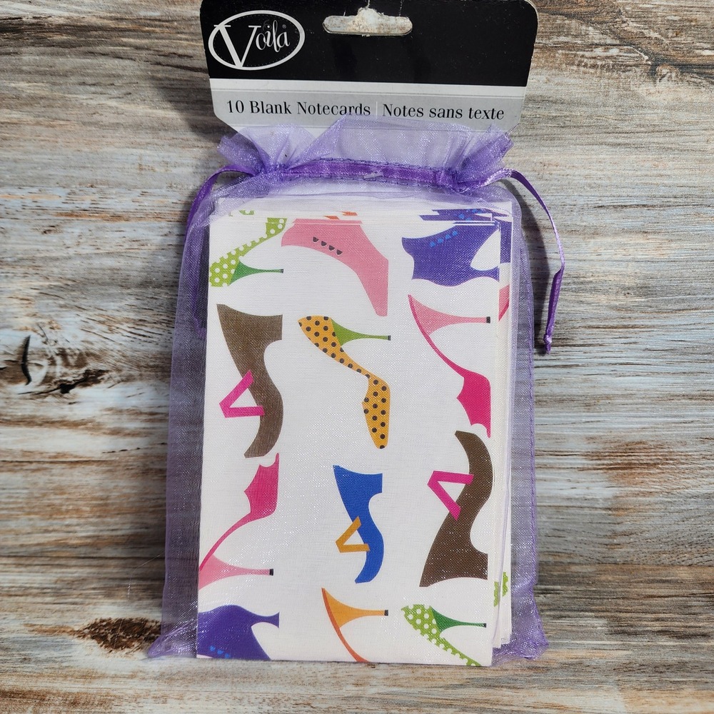Voila 10 Blank Notecards High Heel Shoe Fashion Print Purple Organza Bag Set